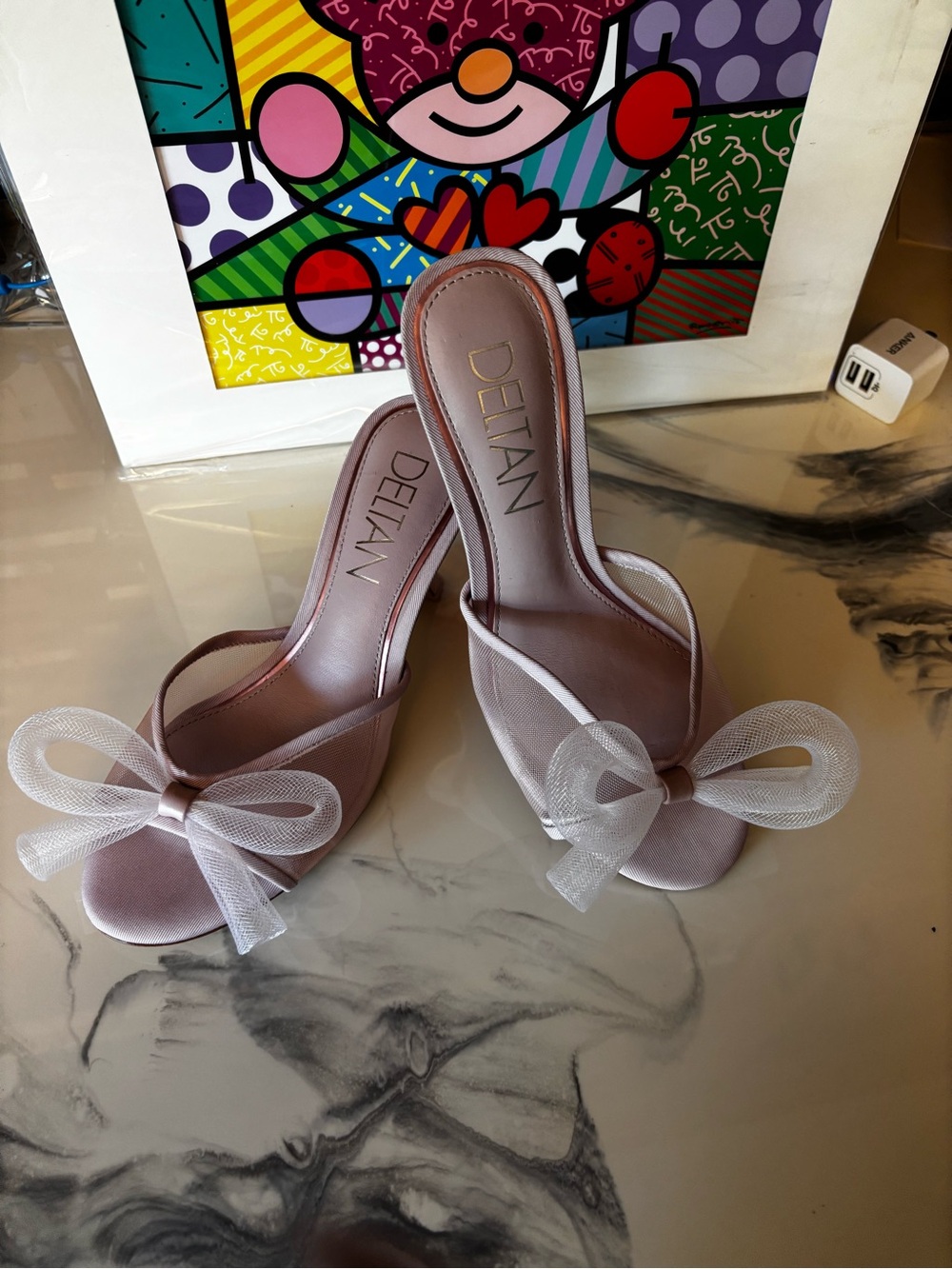 Delta Satin Slide Heels in Pale Blush with Mesh Bows